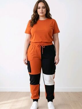 NWT Ashley Stewart Orange, Black & White Colorblock Cargo Joggers Sz 26/28